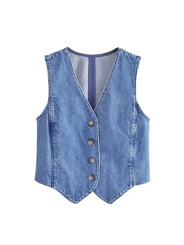 Women Fashion Front Button Denim Waistcoat Vintage V Neck Sleeveless Female Outerwear Chic Vest Tops