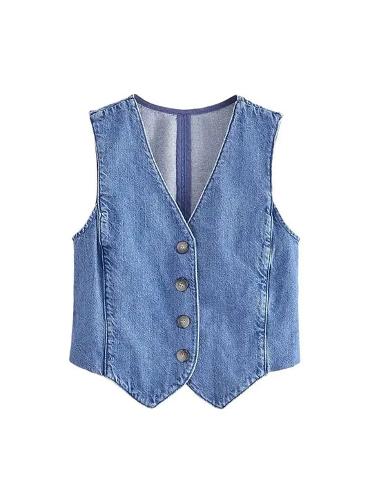 Women Fashion Front Button Denim Waistcoat Vintage V Neck Sleeveless Female Outerwear Chic Vest Tops