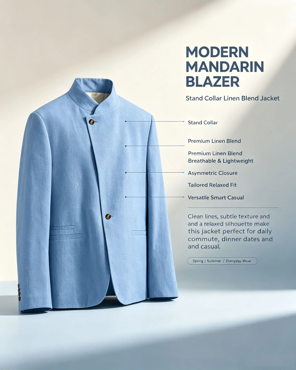  Mandarin Collar Men‘s Blazer Linen Blend Chinese Stand Collar Men Jacket Asymmetric Button Breathable Men Coat Wedding Party