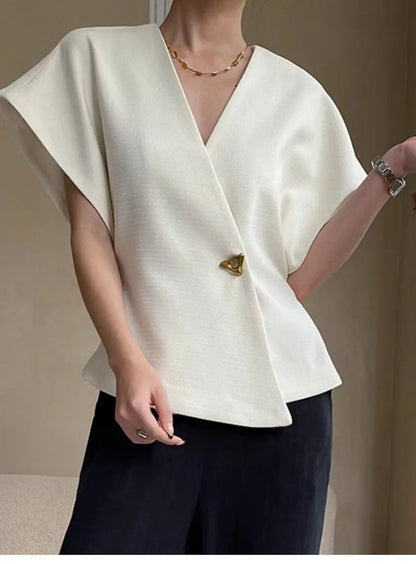 Summer French Asymmetric Blazer Vest Coat Women Drop Shoulder Sleeve Waistcoat One Button Waist Slim Fashion White Top