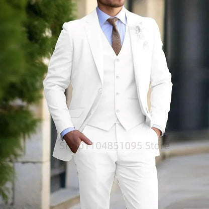 3PCS Formal Solid Men's Suit Set - Wedding Business Party Prom Classic Occasion Jacket Vest Pants Ensemble