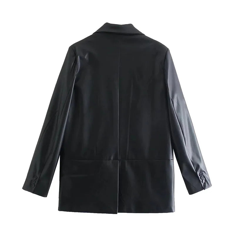 Winter 202 Women's Leather Look Suit Jaet Faionable Commute Sle Long Sve Single Button Closure Regular Length Coat