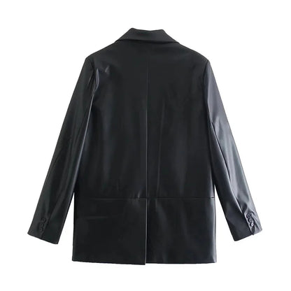 Winter 202 Women's Leather Look Suit Jaet Faionable Commute Sle Long Sve Single Button Closure Regular Length Coat