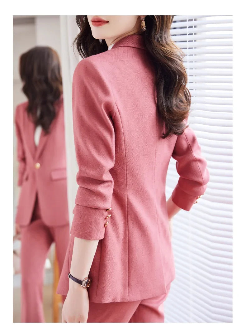 Pink Blue Black Women Pant Suit High Quality 2 Piece Set Office Ladies OL Girl Formal Jacket Blazer And Trousers For Work Wear