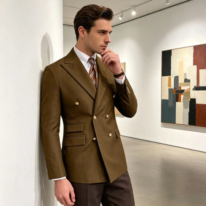 Men's Brown Serge Blazer Double Breasted Peak Lapel Gold Button Slim Fit British Style Fashion Suit Jacket Formal Business Casua