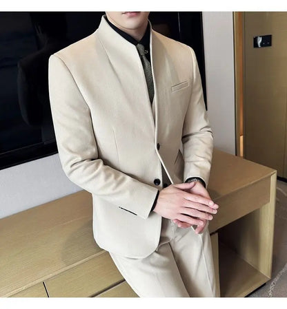 Men's 3-Piece Slim Fit Stand Collar Suit – Wedding, Prom & Office Formal Set