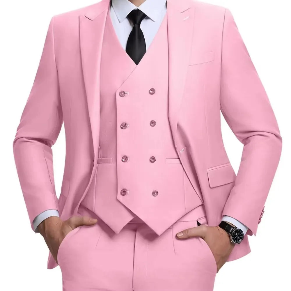 Men's Linen 3-Piece Slim Fit Suit – Blue & Beige | Peak Lapel
