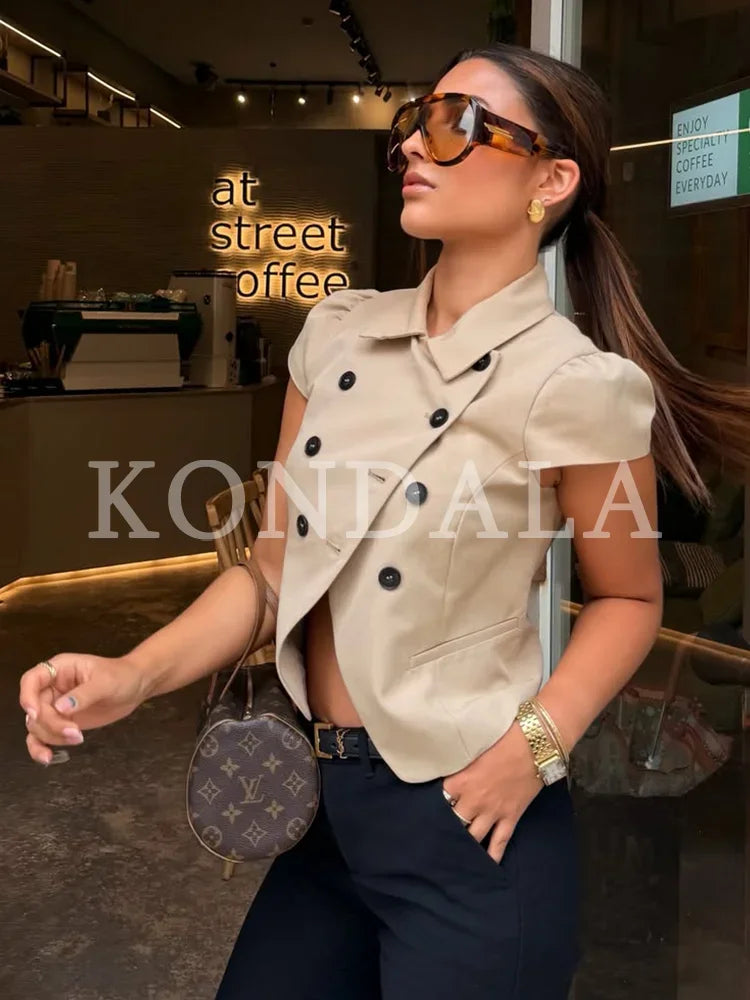 Women Trendy Short Sleeve Blazer Double Breasted Slim Fit Khaki Blazer 2026 Spring Summer Commute Lady Slim Short Top