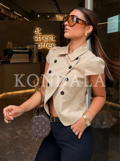 Women Trendy Short Sleeve Blazer Double Breasted Slim Fit Khaki Blazer 2026 Spring Summer Commute Lady Slim Short Top