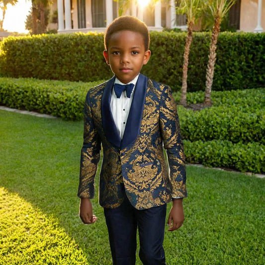 Boys 3-Piece Suit Set Luxury Gold Paisley Kids Wedding Ring Bearer Formal Tuxedo