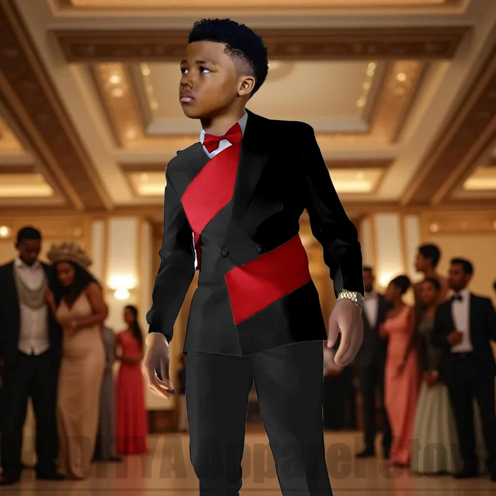 Fashion Contrast Color Children's Suit 2 Piece Double Breasted Outfit Formal Wedding Party Prom Boys Suits (Blazer+Pants)