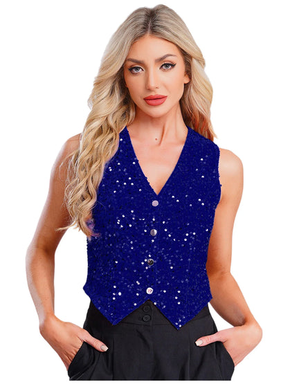 Women V-neck Sequins Vests Fashion Waistcoat Sleeveless Vest Party Tops Clubwear Lady Nightclub Disco Music Festival Outfit
