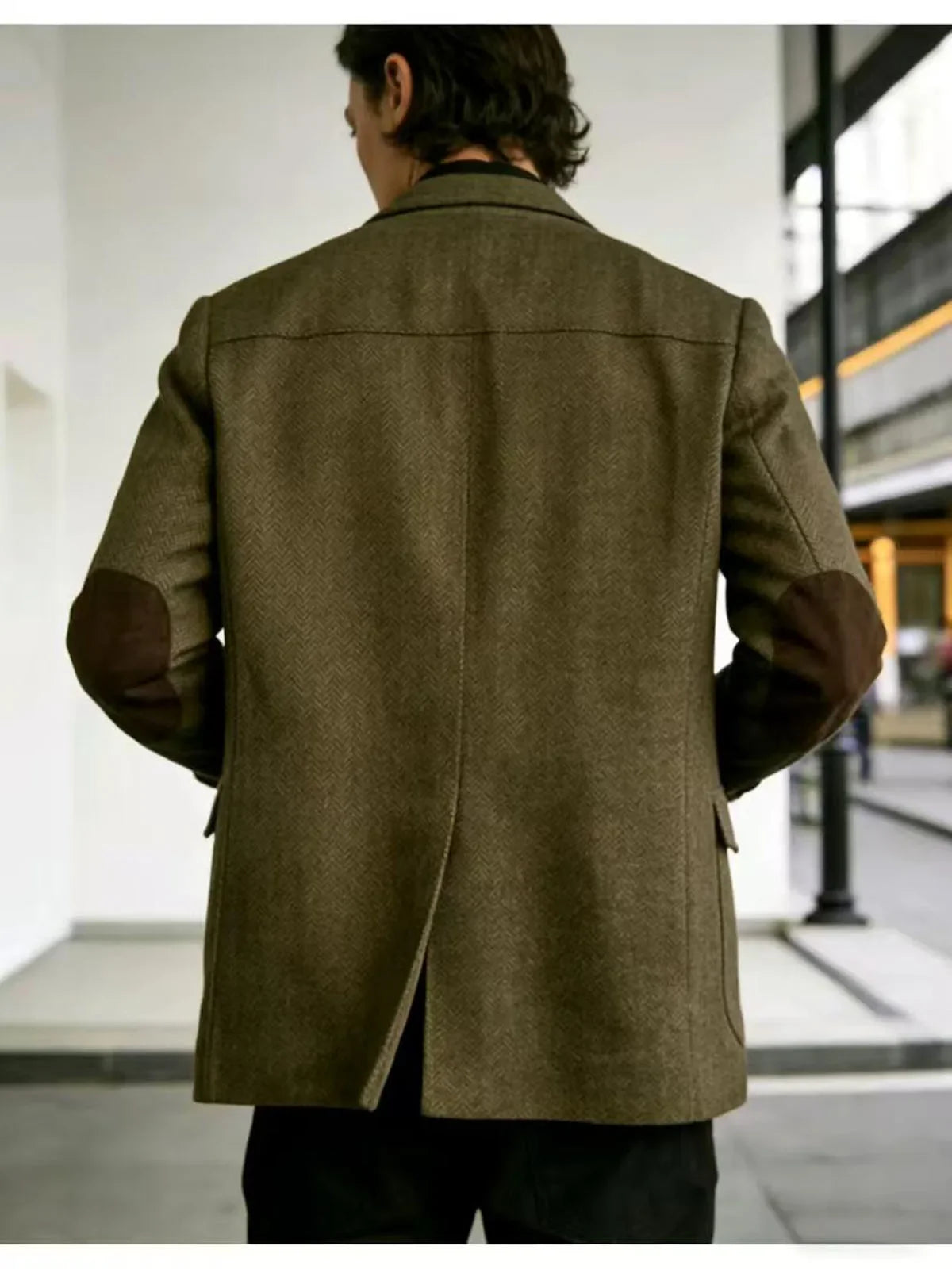 Men's Herringbone Tweed Blazer Shoulder Patchwork Suede Notch Lapel Suit Jacket Classic Fit Casual Business Vintage Sport Coat