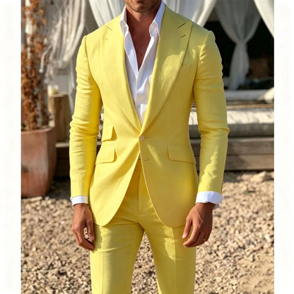 Men's Suit Yellow 2 Piece Set Peak Lapel Slim Fit Single Breasted Casual Comfortable Suit Formal Groom Best Man Dress for Party