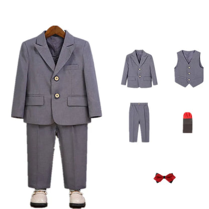 Boys Pure Pink Jacket Vest Pants Bowtie+Pocket Cloth 5pcs Wedding Birthday Outfit Kids Formal Piano Host Performance Costume