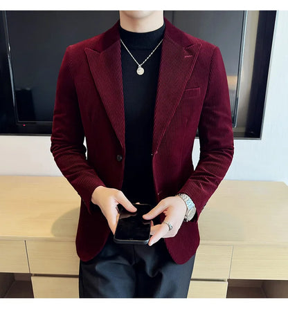 Autumn Winter New Corduroy Striped Suit Jacket Men High Quality Slim Fit Business Social Formal Suit Coats Tailcoat Men Clothing