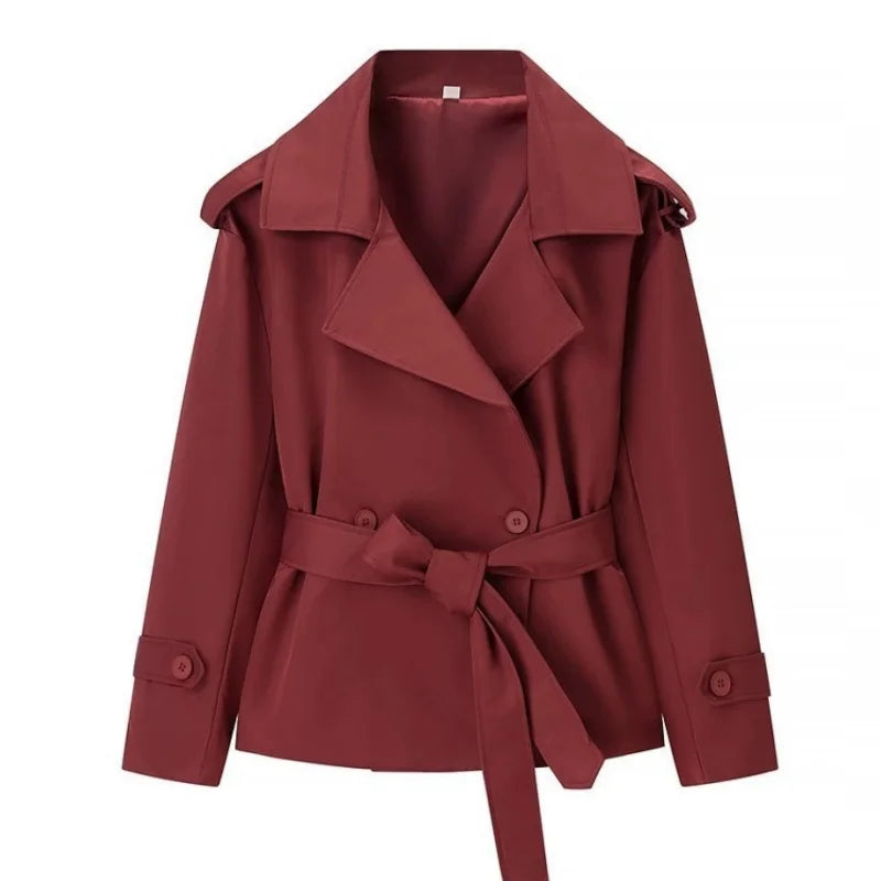 Solid Lapel Lace Up Jacket Elegant Chic Full Sleeve Button Loose Long Coat Women Office Lady Daily Commute Overcoat Windbreaker