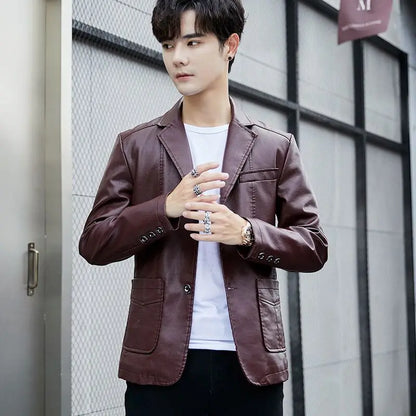 Men's Faux Leather Blazer Jacket Autumn Winter Warm Fleece Lined Casual Versatile Outerwear