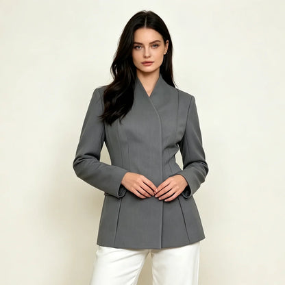 2026 New Women V Neck Blazer No Lapel Waist Shaping Suit Jacket Elegant Office Formal Outerwear 5 Colors