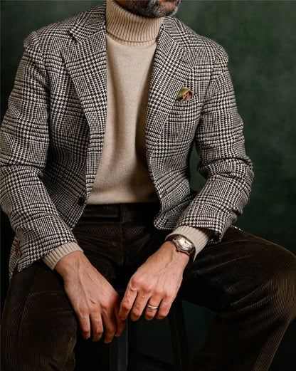 Houndstooth Plaid Blazer for Men One Piece Suit Jacket with Notch Lapel Slim Fit Casual Male Coat Fashion Office Men Clothes