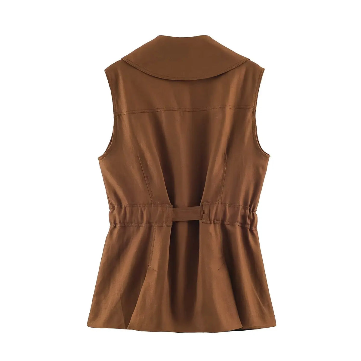 2026 Vintage Fashion Brown Sleeveless Trench Vest Lapel Collar Belted Waist Drawstring Sleeveless Waistcoat With Pockets