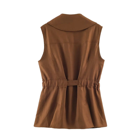 2026 Vintage Fashion Brown Sleeveless Trench Vest Lapel Collar Belted Waist Drawstring Sleeveless Waistcoat With Pockets