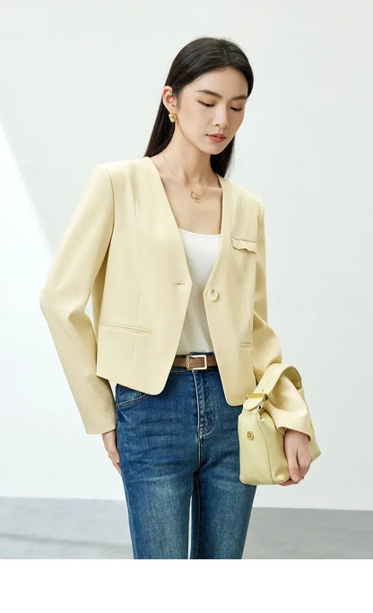 Women Cropped Blazer 2026 Autumn Loose One Button V Neck Jacket Ladies Straight Elegant Commuter Short Coat 141X53363