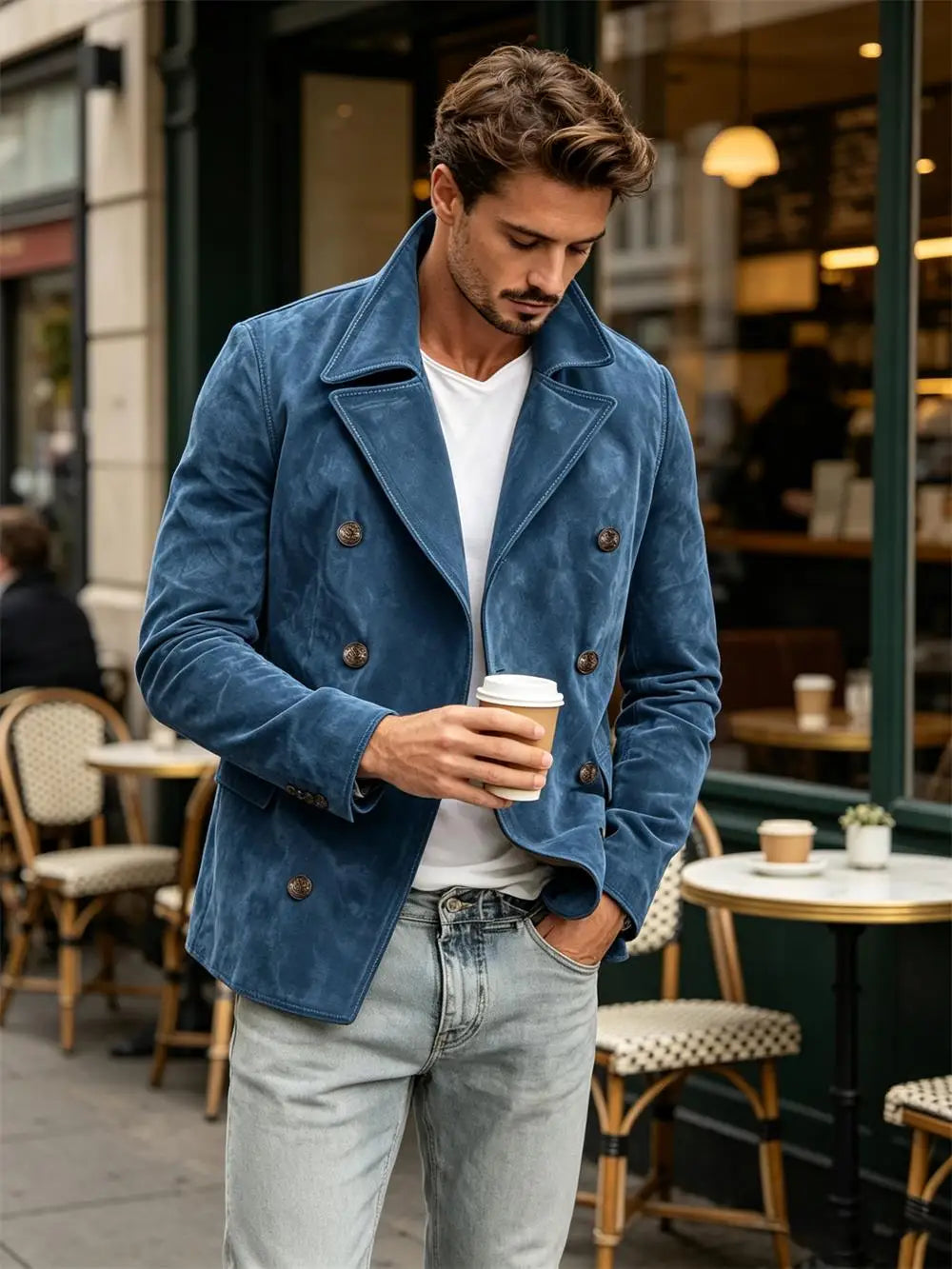 Men Faux Suede Jacket Double Breasted Lapel Collar Casual Blazer Vintage Comfort Business Office Autumn Winter Fashion Male Coat