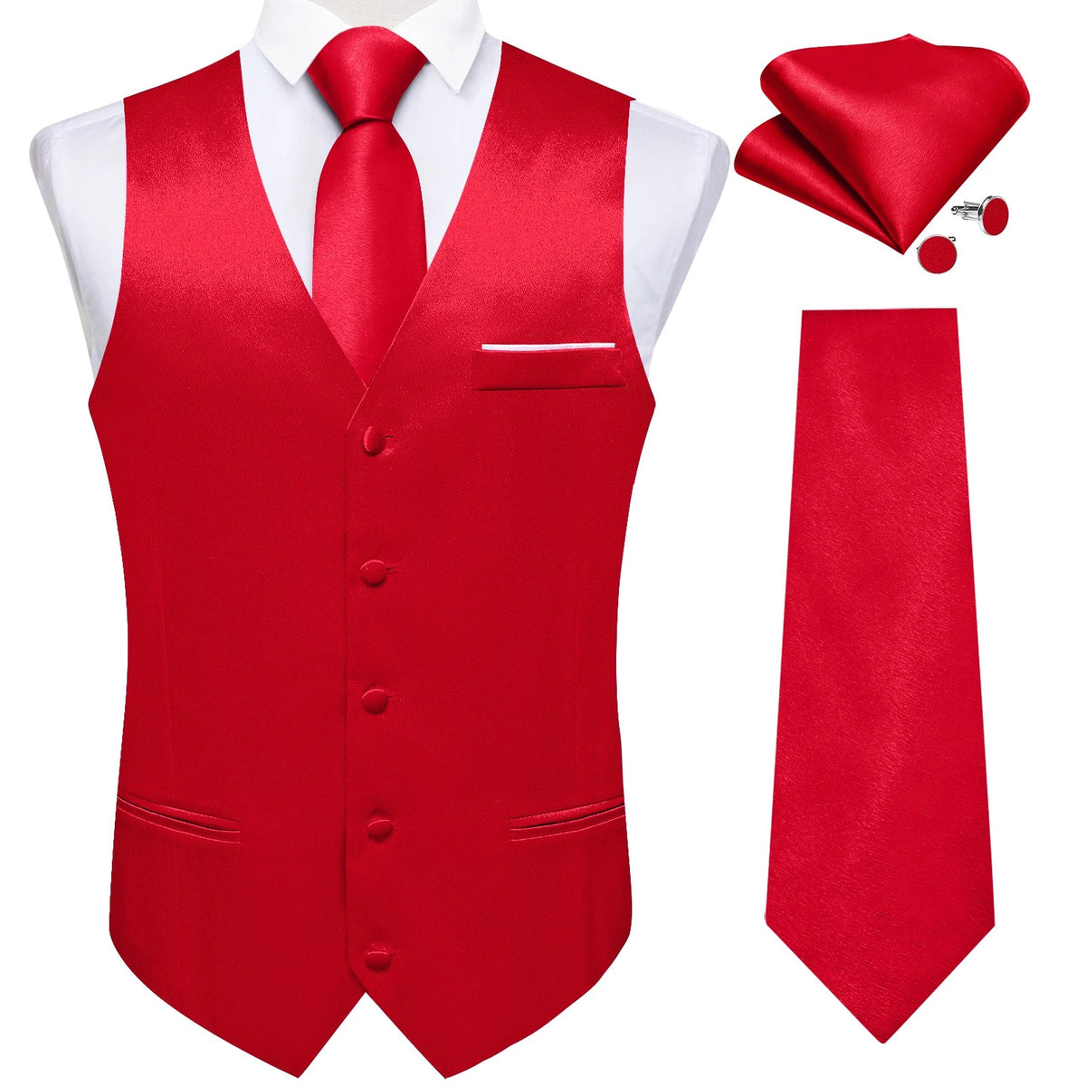 Men's Satin Suit Vest Set with Tie Handkerchief and Cufflinks for Wedding and Prom