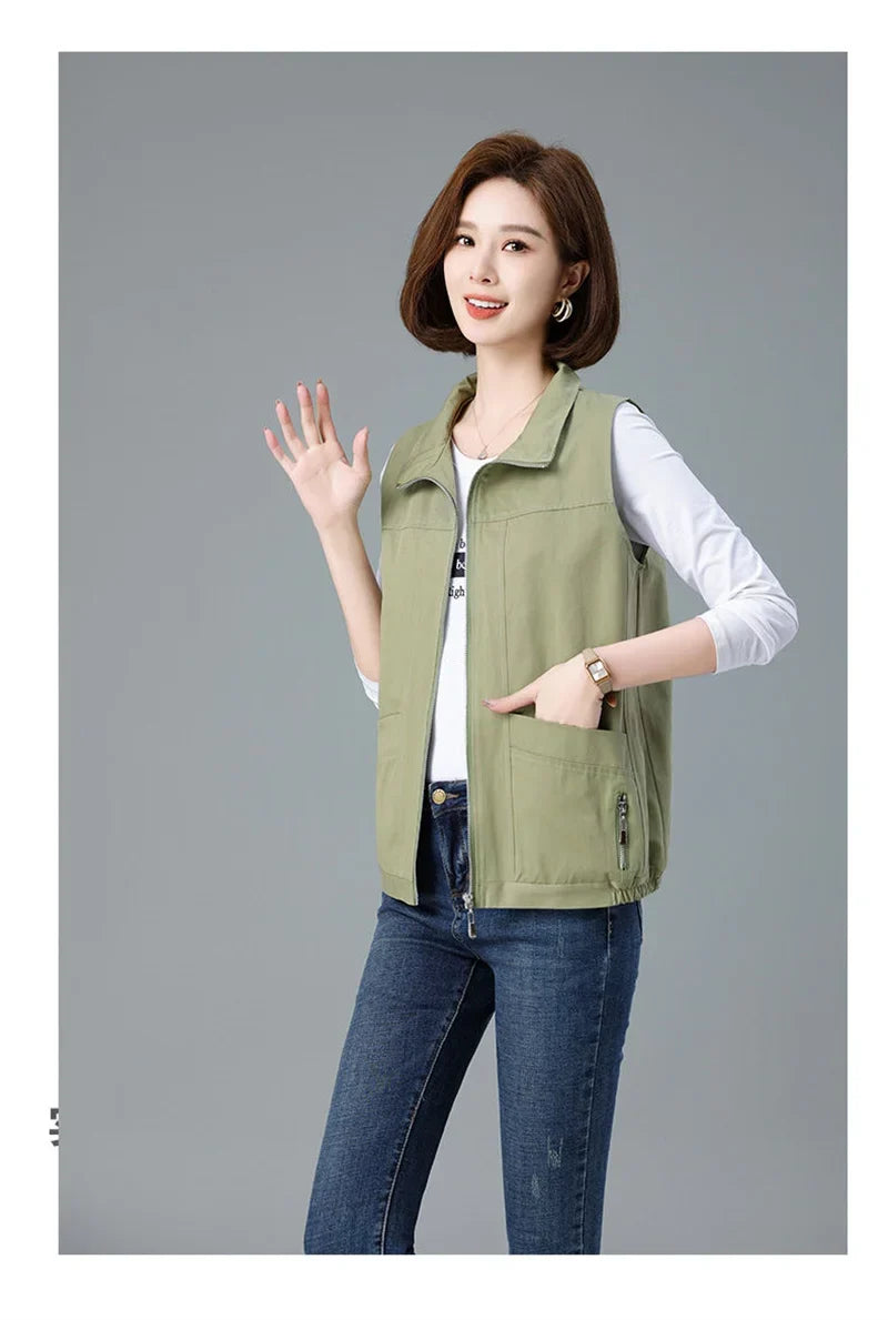 Spring Autumn Women's Vest Jacket Coats 2025 New Solid Sleeveless Jacket Female Waistcoat Casual Tops Outerwear Chaleco Mujer