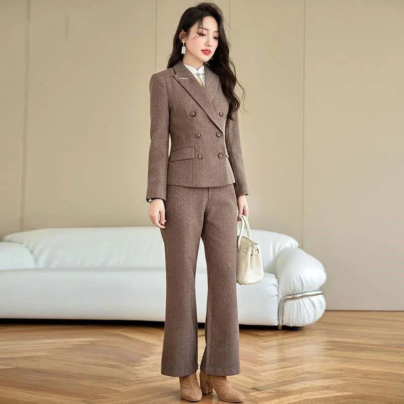 Elegant Lady Wide Leg Pant Sets for Women 2 Pieces Blazer Suit Double Breasted Jacket Trousers Outfit Female Autumn Winter