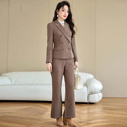 Elegant Lady Wide Leg Pant Sets for Women 2 Pieces Blazer Suit Double Breasted Jacket Trousers Outfit Female Autumn Winter