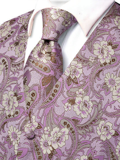 Men's Luxury Pink Jacquard Floral Vest Set – Formal Wedding & Prom Waistcoat with Tie, Bowtie & Pocket Square