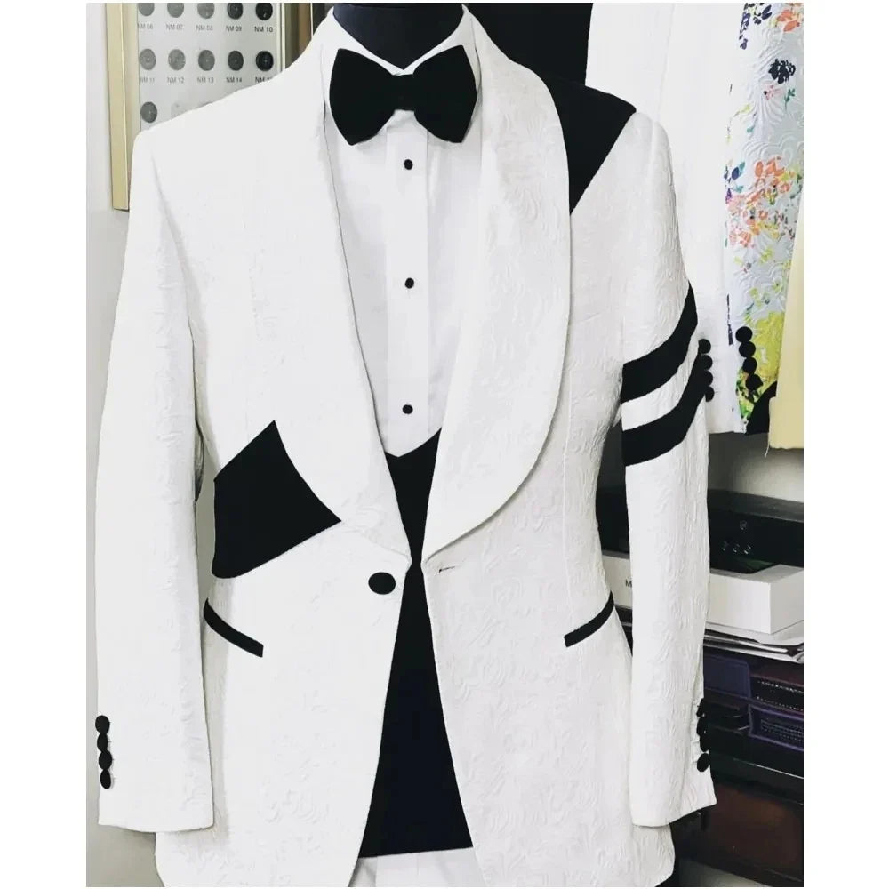 Men's Suit 3 Piece Set Jacquard with Black Patchwork Tailor Blazer Pants Terno Masculino Slim Male Clothing For Wedding