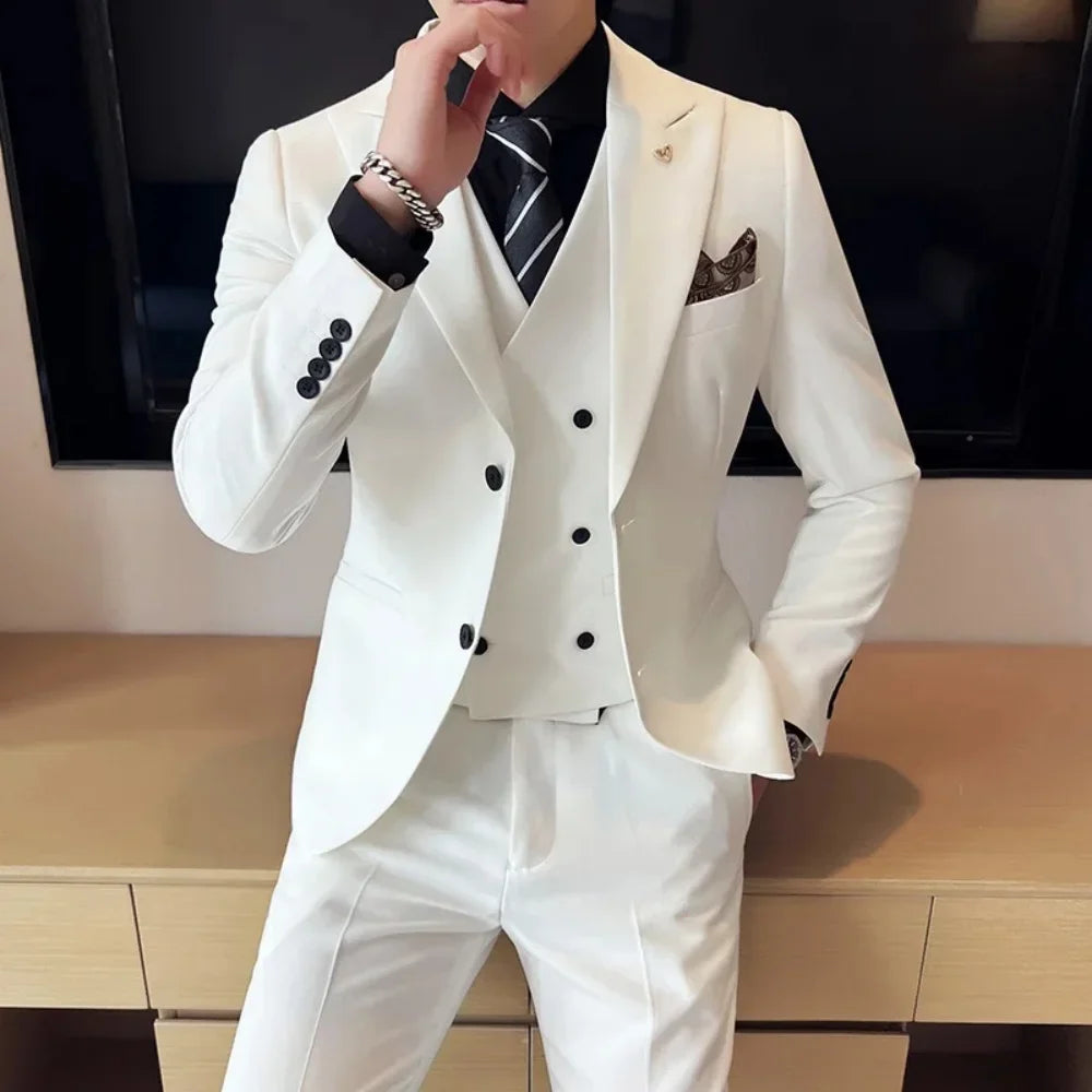 Men's Double Breasted Trench Coat Suit Casual Simple Blazer Vest Pants High Quality Recent Design Matching Set