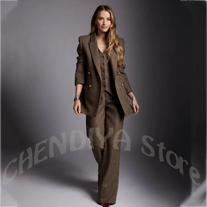 High End Women's Three Pieces Suit Set Double Breasted Blazer Vest Pants Straight Peak Lapel Vintage Office Lady Formal Outfit