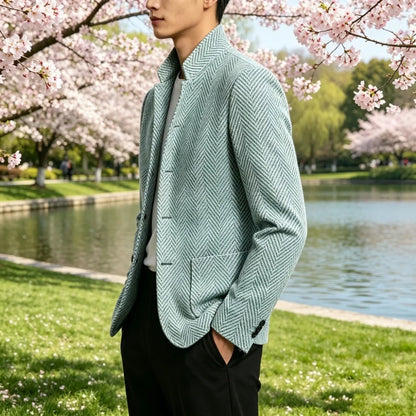 Men's Herringbone Tweed Blazer Stand Collar Slim Fit Business Casual Suit Jacket Spring Daily Commute Lightweight Sport Coat