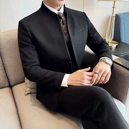Men's 3-Piece Slim Fit Stand Collar Suit – Wedding, Prom & Office Formal Set
