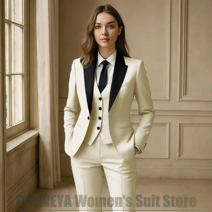 Women Royal Blue 3 Piece Tuxedo Suit Blazer Vest Pants with Black Lapel Slim Fit Formal Party Business Office Outfit