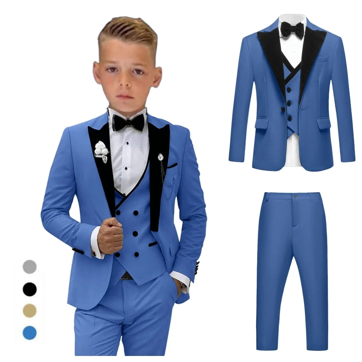 Boys 4-Piece Formal Suit Set – Slim Fit Blazer, Vest, Pants & Bow Tie for Weddings & Graduations