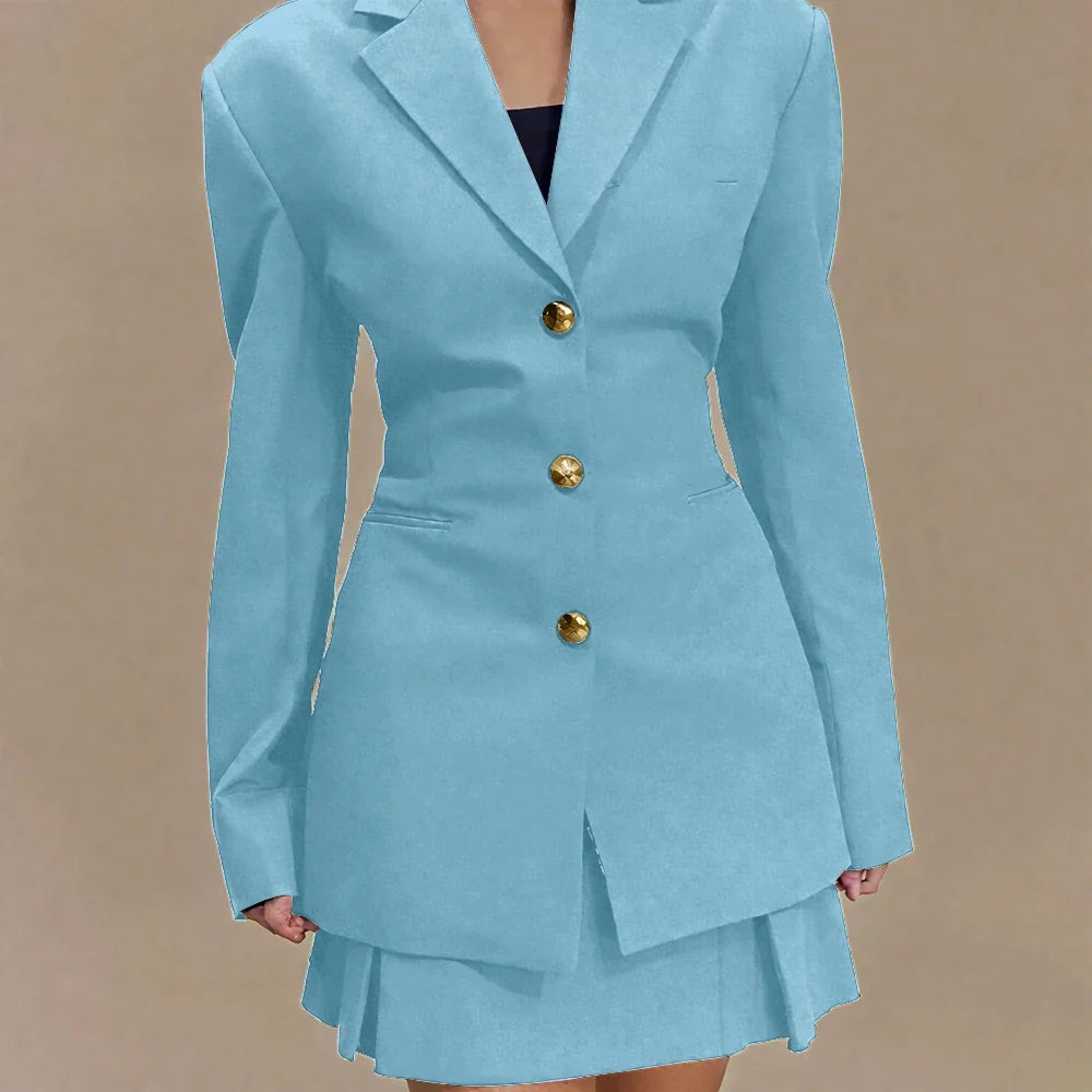 Women's Pleated Skirt Suit Set 2025 2Pieces(Tailored Blazer&High Waist Skirt) Office Chic Single-breasted Notch Lapel Outfit