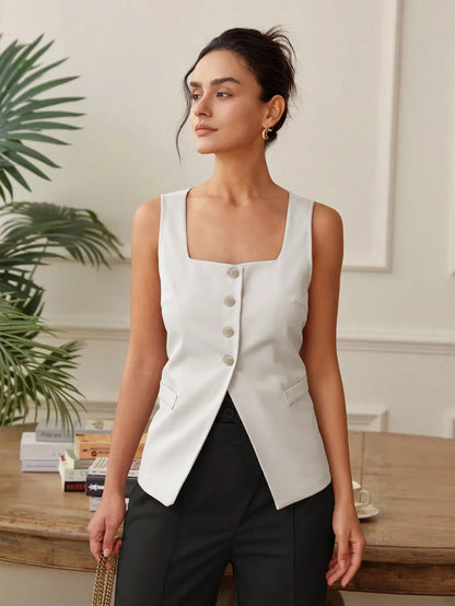 Summer temperament commuter vest vest solid color waistband square collar wide shoulder waistcoat