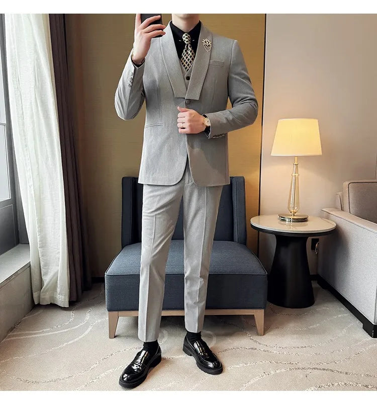 High Quality Casual Business Suit Set Men Slim Fit Social Wedding Groom Formal Set 3 Piece Set (jacket+vest+pant）men Clothing