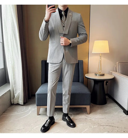 High Quality Casual Business Suit Set Men Slim Fit Social Wedding Groom Formal Set 3 Piece Set (jacket+vest+pant）men Clothing