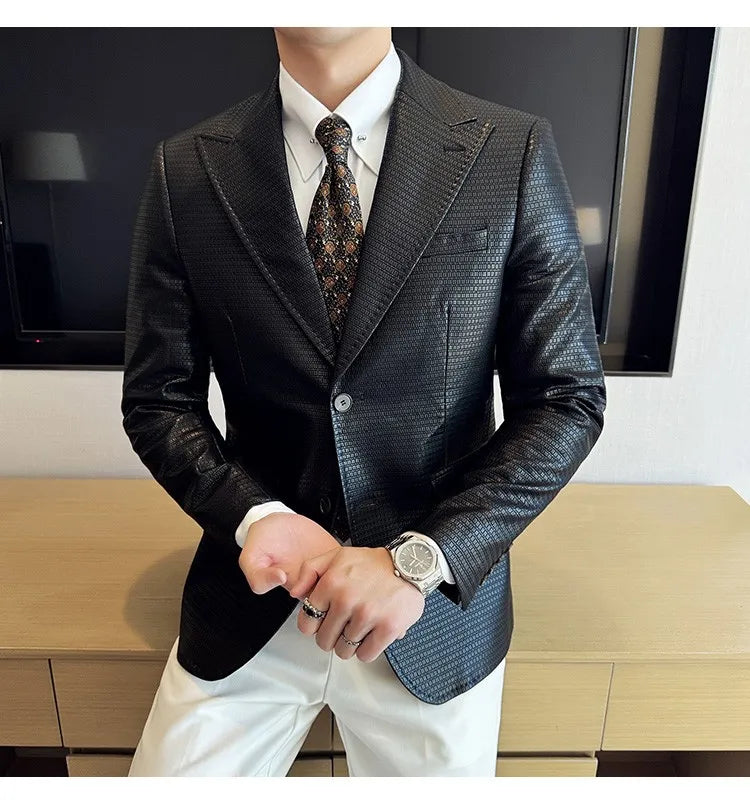 Korean Waffle Leather Suit Jacket Men's Business Casual PU Leather Blazer Slim Fit Wedding Groom Office Social Formal Coats 2026