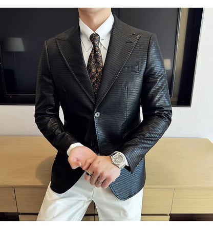 Korean Waffle Leather Suit Jacket Men's Business Casual PU Leather Blazer Slim Fit Wedding Groom Office Social Formal Coats 2026