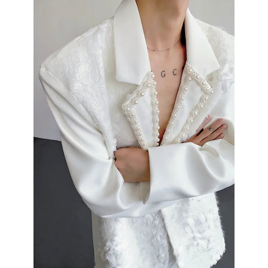 2025 Trendy Pearl Lace Flower Heavy-duty Suit Jacket Men Formal Wedding Dress Suit Jacket Celebrity Performance Costumes Blazers