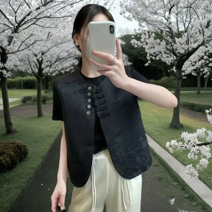 New Chinese Style Buckle Vest Coat For Women New Spring Autumn O-Neck Embroidery Sleeveless Jacket Fashion Jacquard Waistcoat