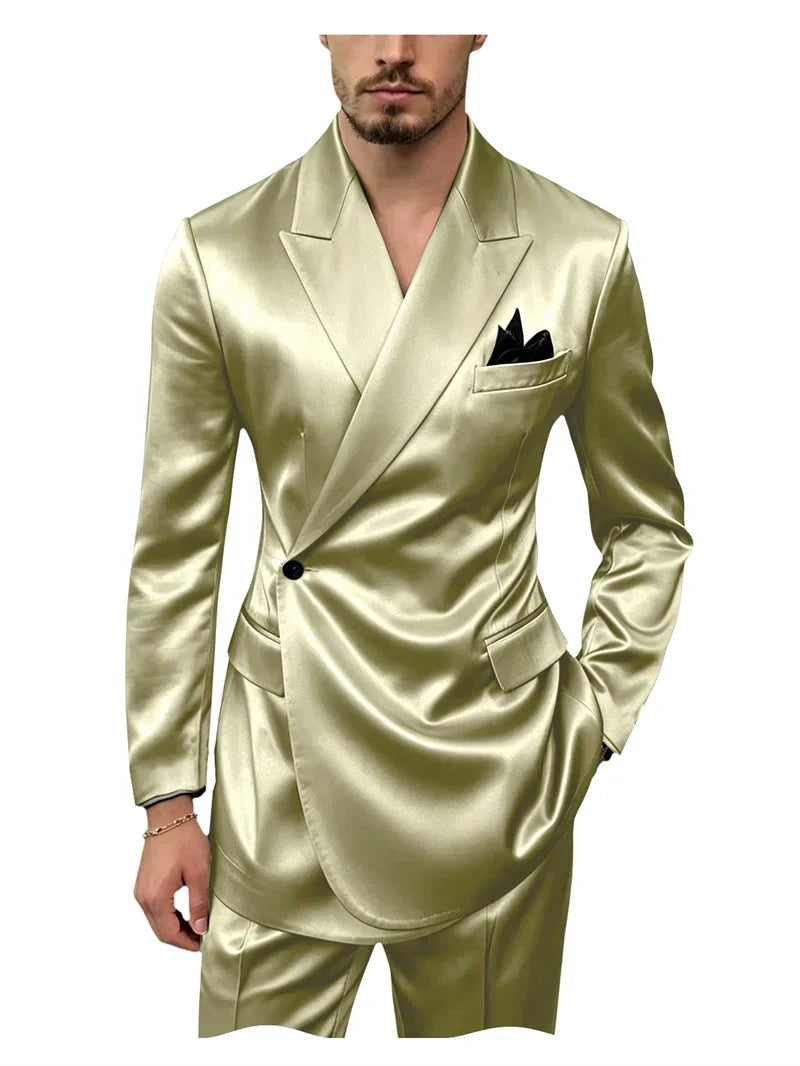 Men's 2 Piece Satin Suit Asymmetrical Wrap Peak Lapel Suit One Button Slim Fit Blazer Pants Wedding Formal Evening Luxury Outfit
