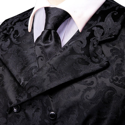 Men's Vest Tie Hanky Cufflinks Set – Black Green Jacquard Floral Paisley – Wedding & Banquet